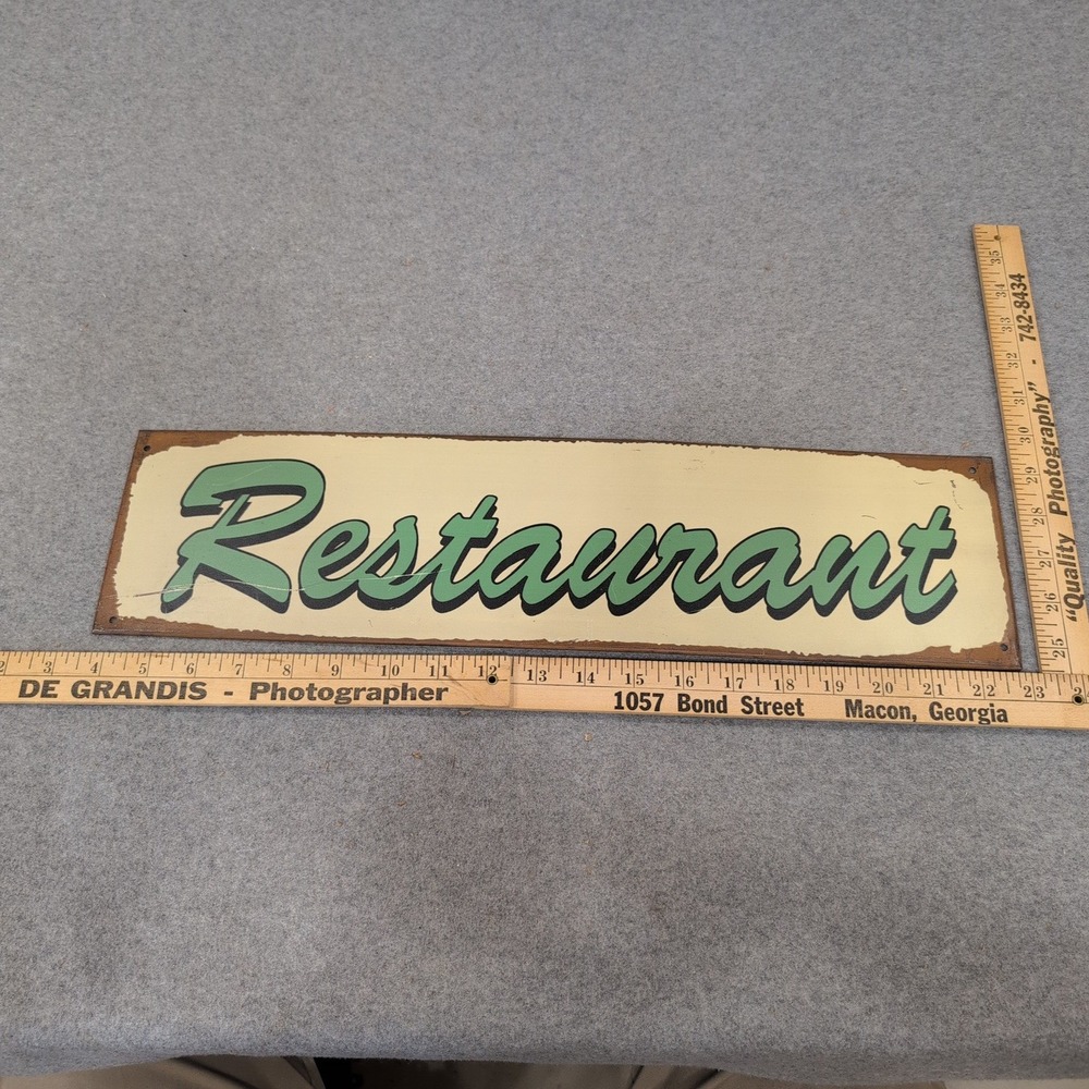 Vintage Style Metal Restaurant Sign Green Script Distressed Wall Decor Art - Picture 2 of 2